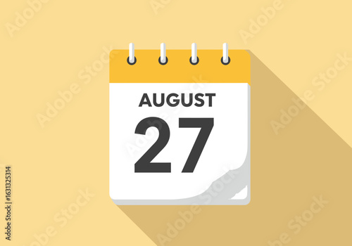 August 27th daily calendar page icon. Flat design vector illustration of a schedule reminder for a specific date and month.