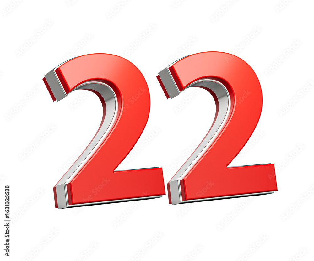Fototapeta premium Bold Vibrant Red Number Twenty two Number 22 With Metallic On White Background 3D Illustration