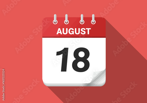 August 18 on a daily calendar page icon. Vector graphic illustration with a modern flat design and long shadow fx, representing a specific date.