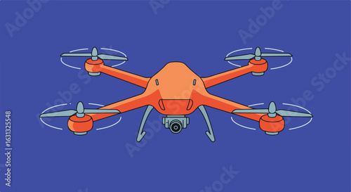 Isolated drone flying, spinning propellers on solid blue backdrop for aerial footage