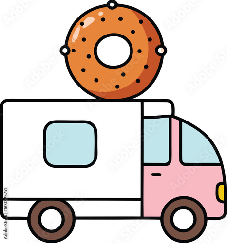 Whimsical donut truck with a giant frosted donut on its roof