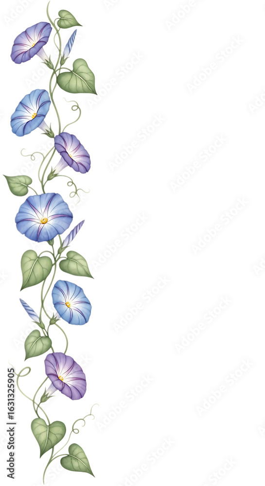 Obraz premium Delicate blue and purple morning glory flowers climbing a vine isolated on transparent background