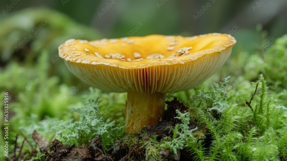 Fototapeta premium 23.A detailed shot of a North American mushroom, Aureoboletus projectellus, in the heart of a Latvian forest. The mushroom is surrounded by delicate green lichen, creating an enchanting woodland