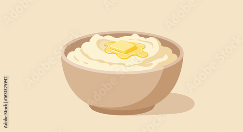 Mashed Potatoes with Butter in a Bowl on Beige Background for Food Blog or Recipe