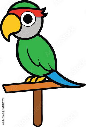 A colorful pirate parrot with an eyepatch perched on a branch