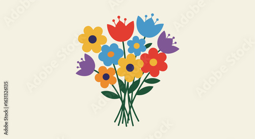 Flat, colorful flowers arranged in a bouquet on a solid background for stationery