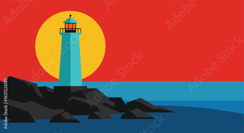 Lighthouse on rocks with sunset background, for decoration or ocean safety graphics