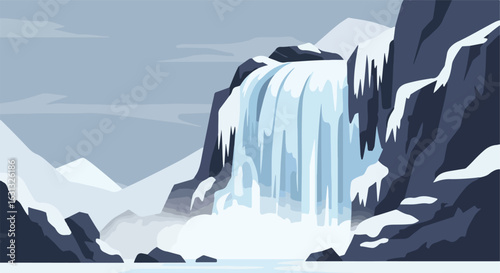 Icy waterfall cascades into a frozen lake, snow-covered mountains in the background