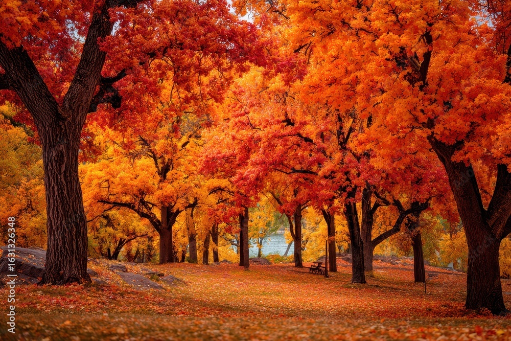 Fototapeta premium Stunning autumn landscape featuring vibrant orange trees in a peaceful park along a serene riverbank