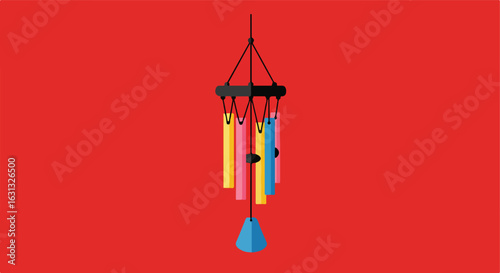 Wind chime hanging on a red wall as decoration, producing music when hit