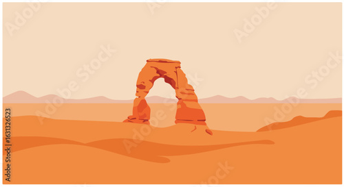 Desert Arch A rock formation towers in a sandy landscape under pastel mountains