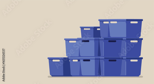 Stacked blue storage bins for moving or organizing against a plain background