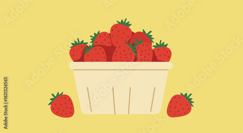 Strawberries in a basket. Background Yellow plain. Possible use Illustration