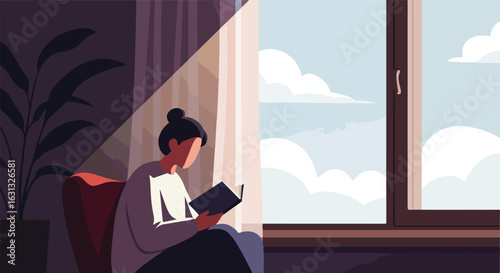 Reading by the Window. Woman Relaxing at Home with Clouds Outside, Plant in the Corner