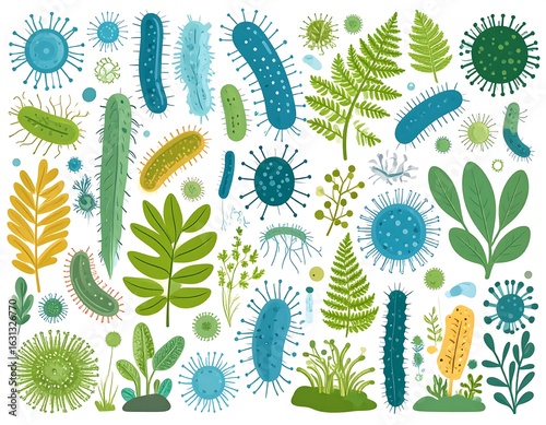 Colorful illustration of various microbes and plant life