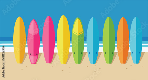 Surfboards lined up on beach with water. Use sport, summer vacation background