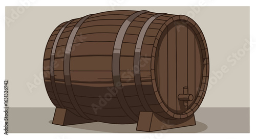 Cartoon barrel on stand with tap on floor with neutral wall. For aging liquid