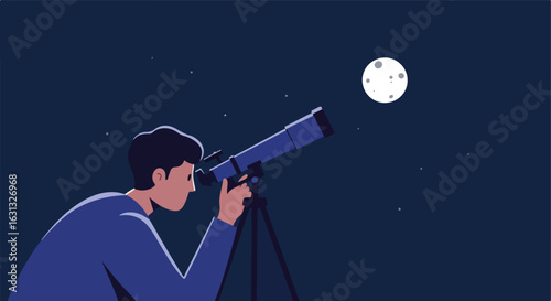 Man observes moon through telescope at night, stars visible. Astronomy concept