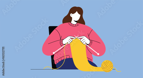 Woman knitting, sitting on a chair on a blue background for creative projects