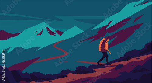 Trekker hikes mountain trail with mountain background for web/print use