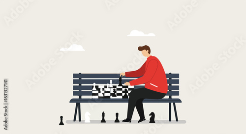 Person playing chess alone on a park bench with clouds in the background. Concepts