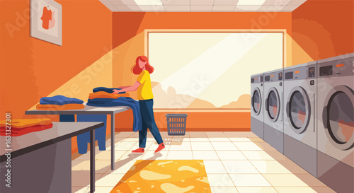 Laundromat worker folds laundry as washers spin, ready for customer pickup
