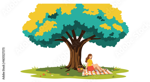 Woman relaxes under tree. Picnic basket & blanket, sunny day, flowers. Wellness ad