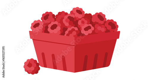 Raspberries in a flat, red basket, isolated. Use baking or market sales