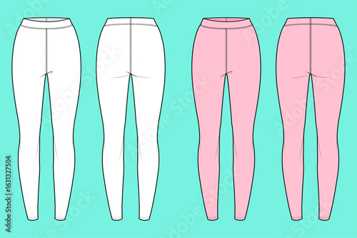 Women's Waistband Stretch Activewear Leggings Pant Colorway Set Fashion Flat Sketch Technical Drawings Front and Back Views.