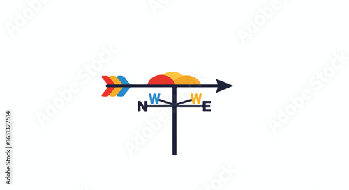Colorful weather vane points East, isolated on white. Direction indicator