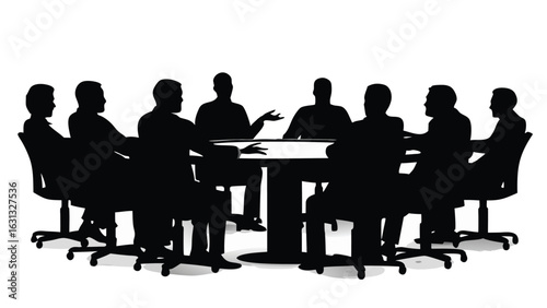 Silhouette illustration of a group of people sitting around a table in a meeting room setting