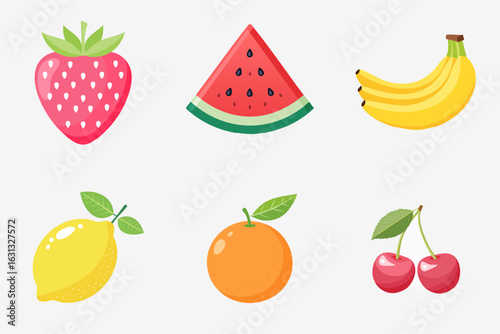 Pastel Flat Vector Fruit Icon Set – Strawberry, Watermelon, Banana, Lemon, Orange, Cherry	