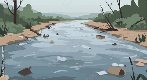 Polluted river flows through the woods, mountains in background. Ecology use