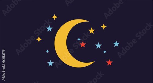 Yellow crescent moon among colorful stars against a dark sky for a wallpaper