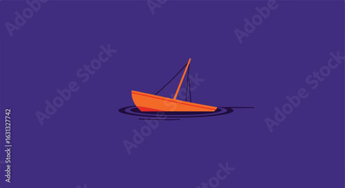 Sinking boat in ocean water with ripple effect against a dark blue background