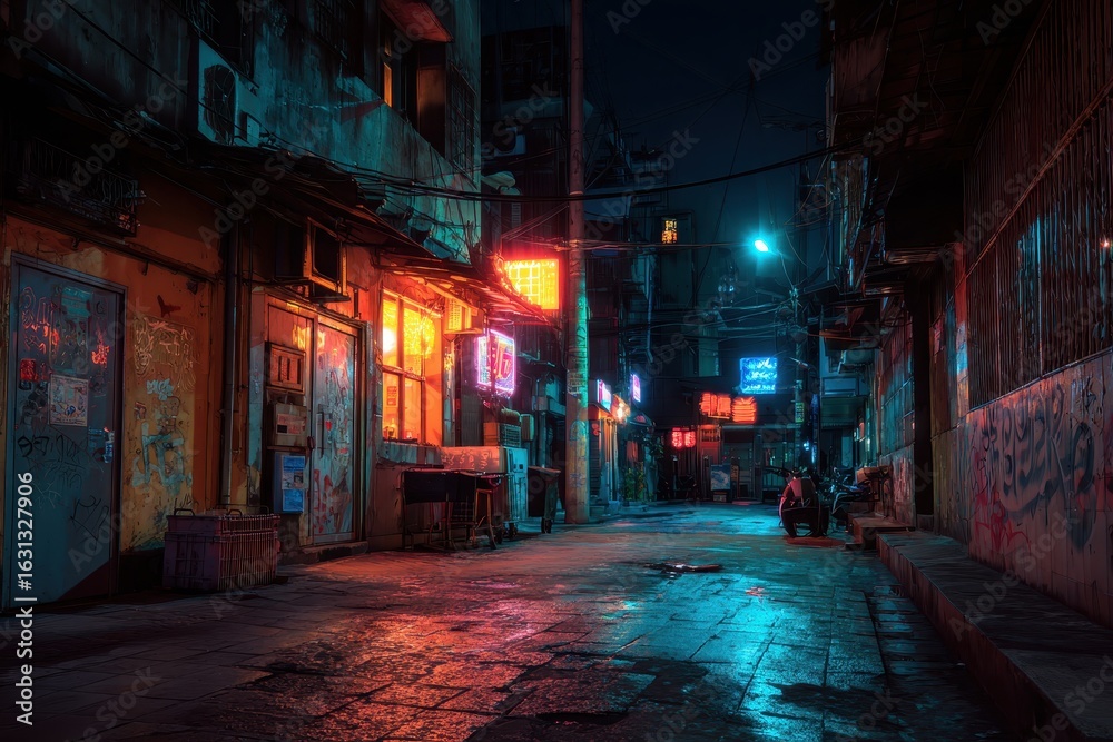 Fototapeta premium Gloomy cyberpunk alley in dark city at night illuminated by neon signs, with puddles reflecting vibrant colors and a sense of solitude in a futuristic environment