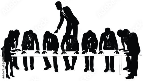 Silhouette of a manager standing on a worker pointing at another with several others at a table