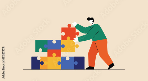 Builder assembling colorful puzzle in neutral space. Project, collaboration, synergy