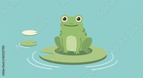 Smiling frog sitting on a lily pad in a pond with lily pads in the background