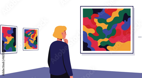 Pensive Woman Admiring Abstract Art in Gallery; Other Paintings in Background