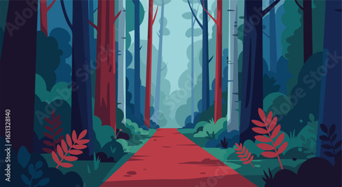 Red path vanishing in dense forest as usage for wallpaper or presentation theme