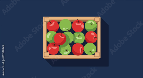 Red and green apples in a crate on a dark background. Fruit concept, food illustration