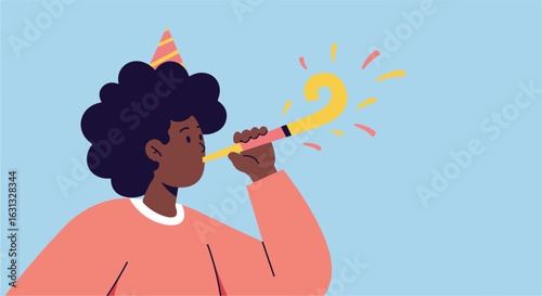 Person with hat blows horn, sparks float, on light blue. For greeting card