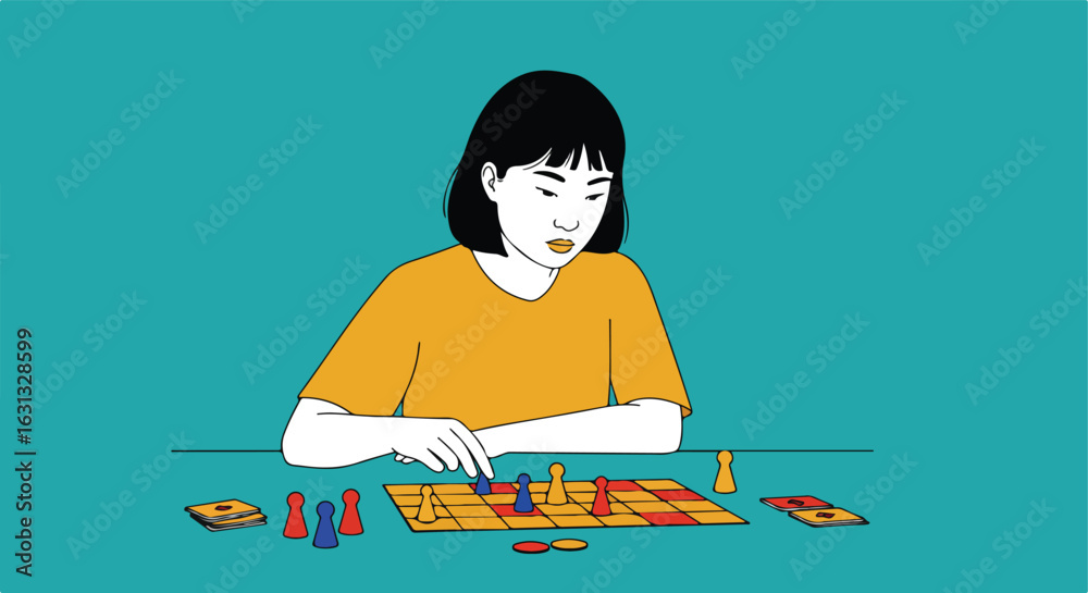 Fototapeta premium Asian girl playing game at table on solid color background, using board game piece