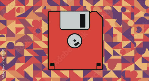 Retro floppy disc icon displayed with pattern overlay, for nostalgia & concept