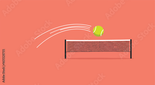 Tennis ball flying over the net on a clay court with motion lines for illustration