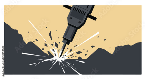 Jackhammer breaking rock, construction illustration with debris and earth