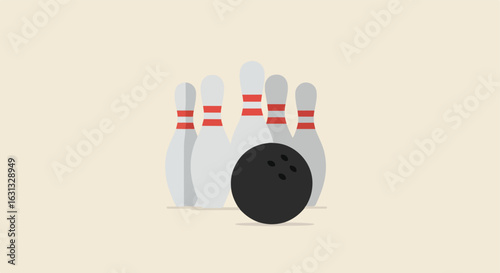 Bowling ball striking pins against a flat tan background. Illustration for games