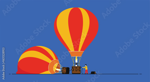 Inflation of hot air balloons, ready to fly in clear blue sky. Possible travel ad