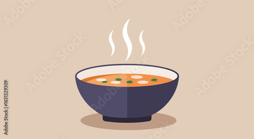 Steaming bowl of tasty soup with garnish on neutral background. Use for menu